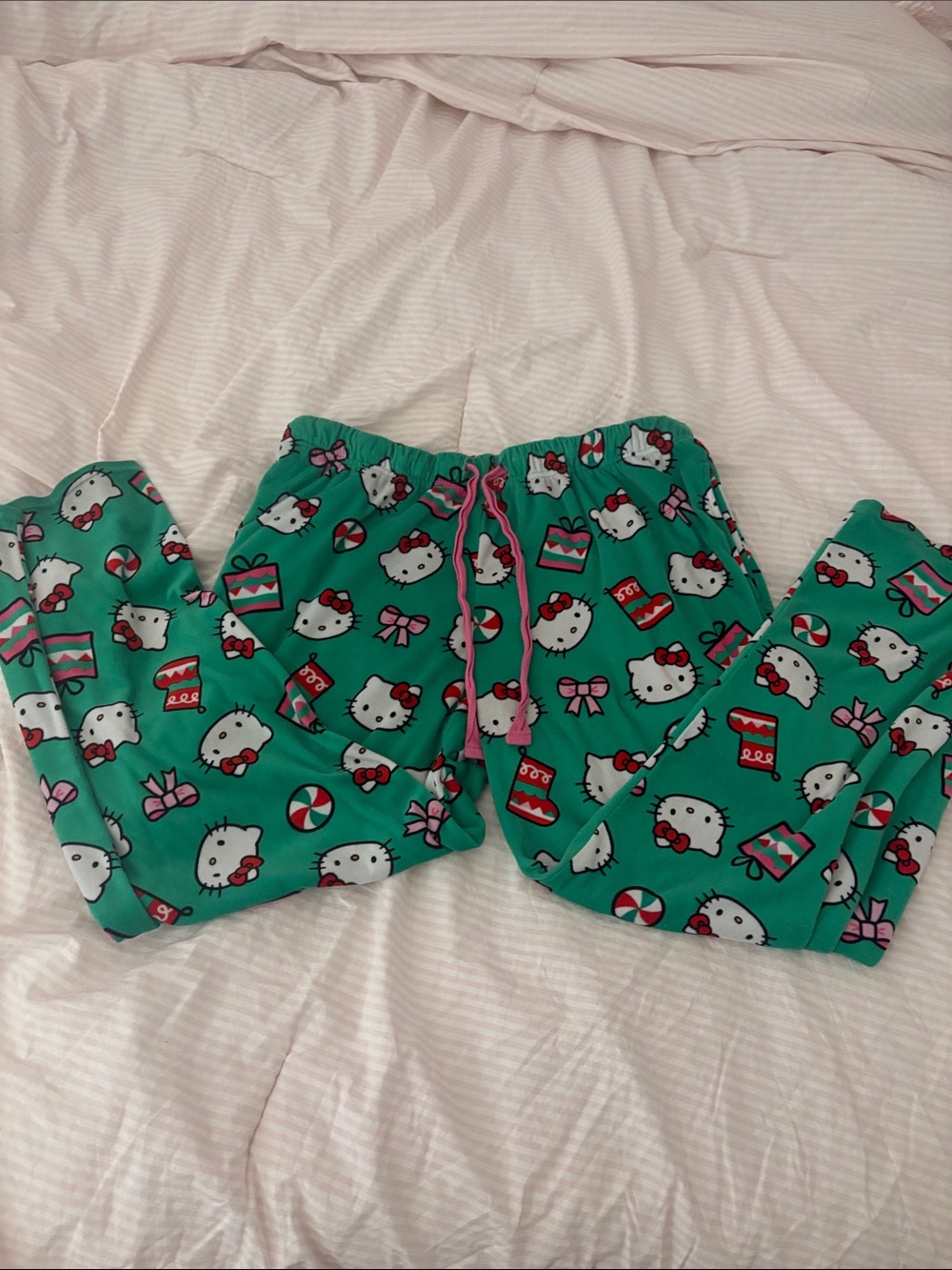 Hello Kitty Green Christmas Pajama Bottoms with Pink Accents